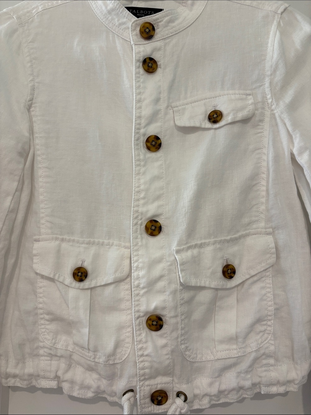 Talbots White Linen Drawstring Button-Front Jacket with Tortoise Buttons - Picture 3 of 4